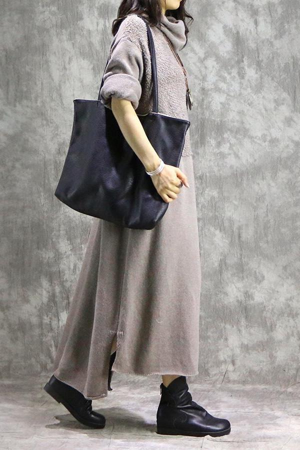 Loose High Neck Cotton Linen Maxi Dresses for