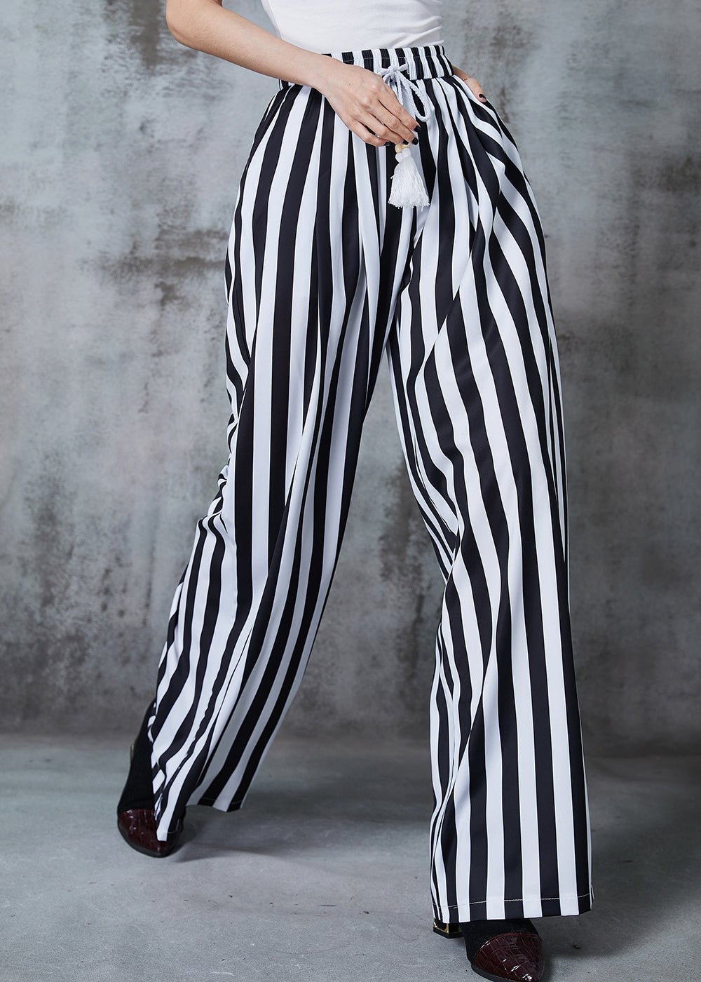 Black Tasseled Striped Cotton Straight Pants Summer