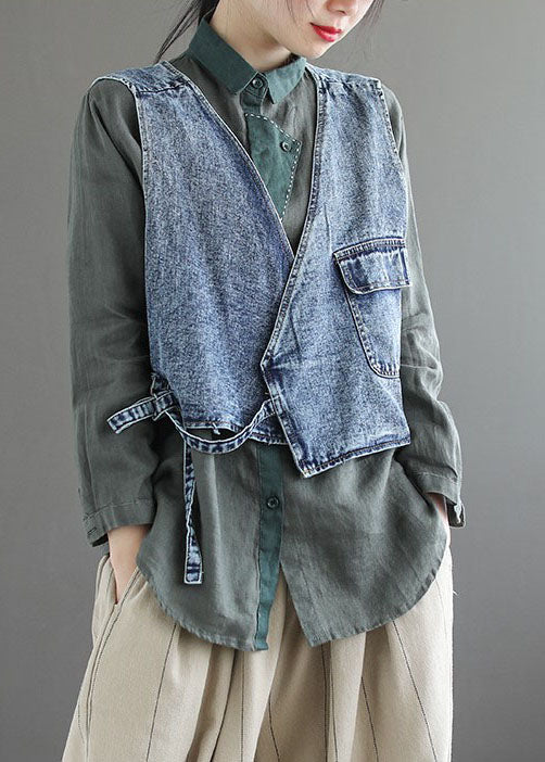 Natural Blue Pockets Tie Waist Asymmetrical Denim Vest Spring