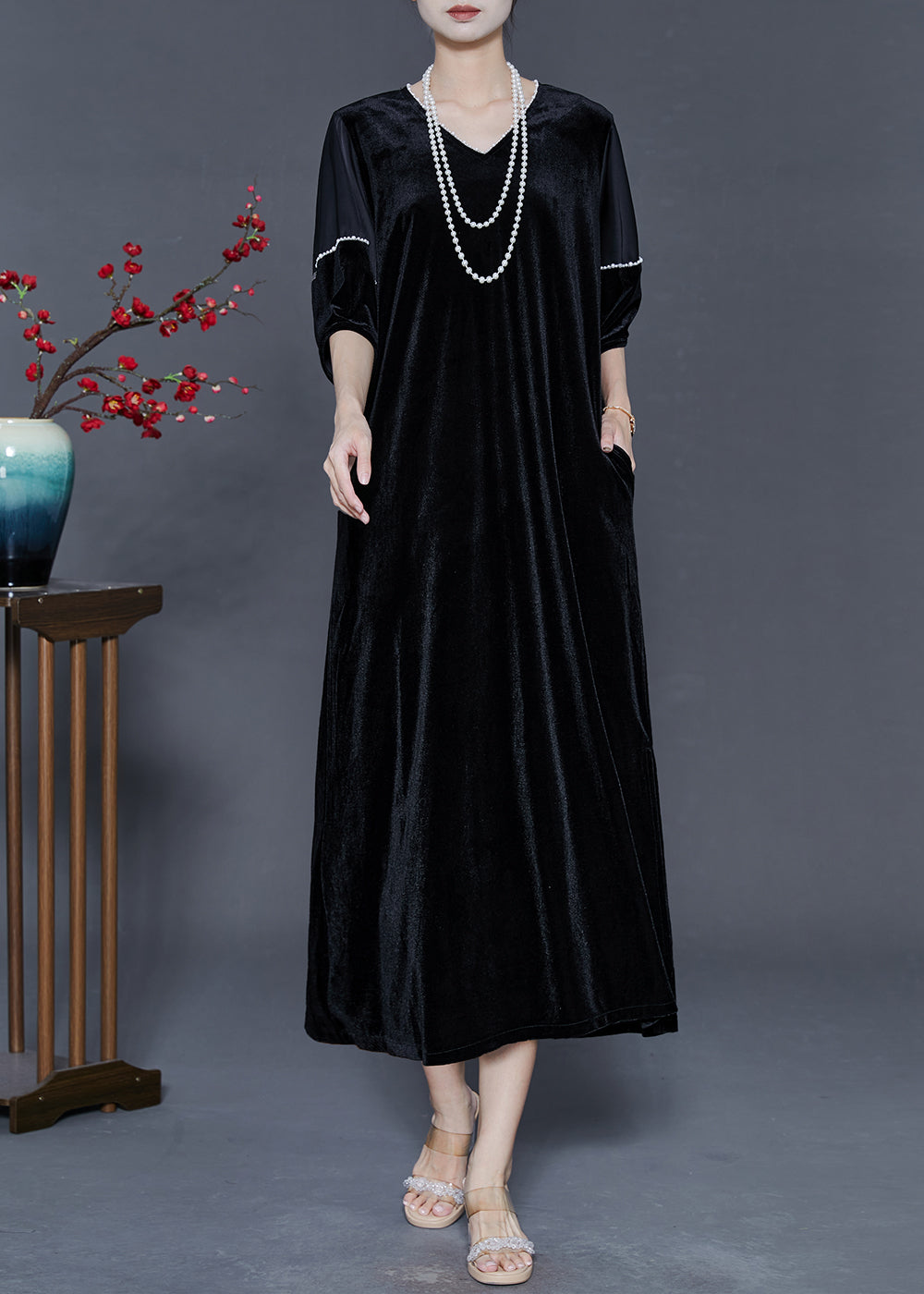 Black Oversized Side Open Silk Velvet Party Dress Summer