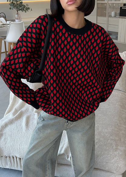 New Pink O Neck Jacquard Thick Knit Sweater Fall