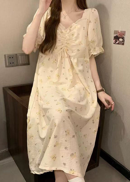 Apricot Print Ruffled Cotton Pajamas Dress V Neck Summer
