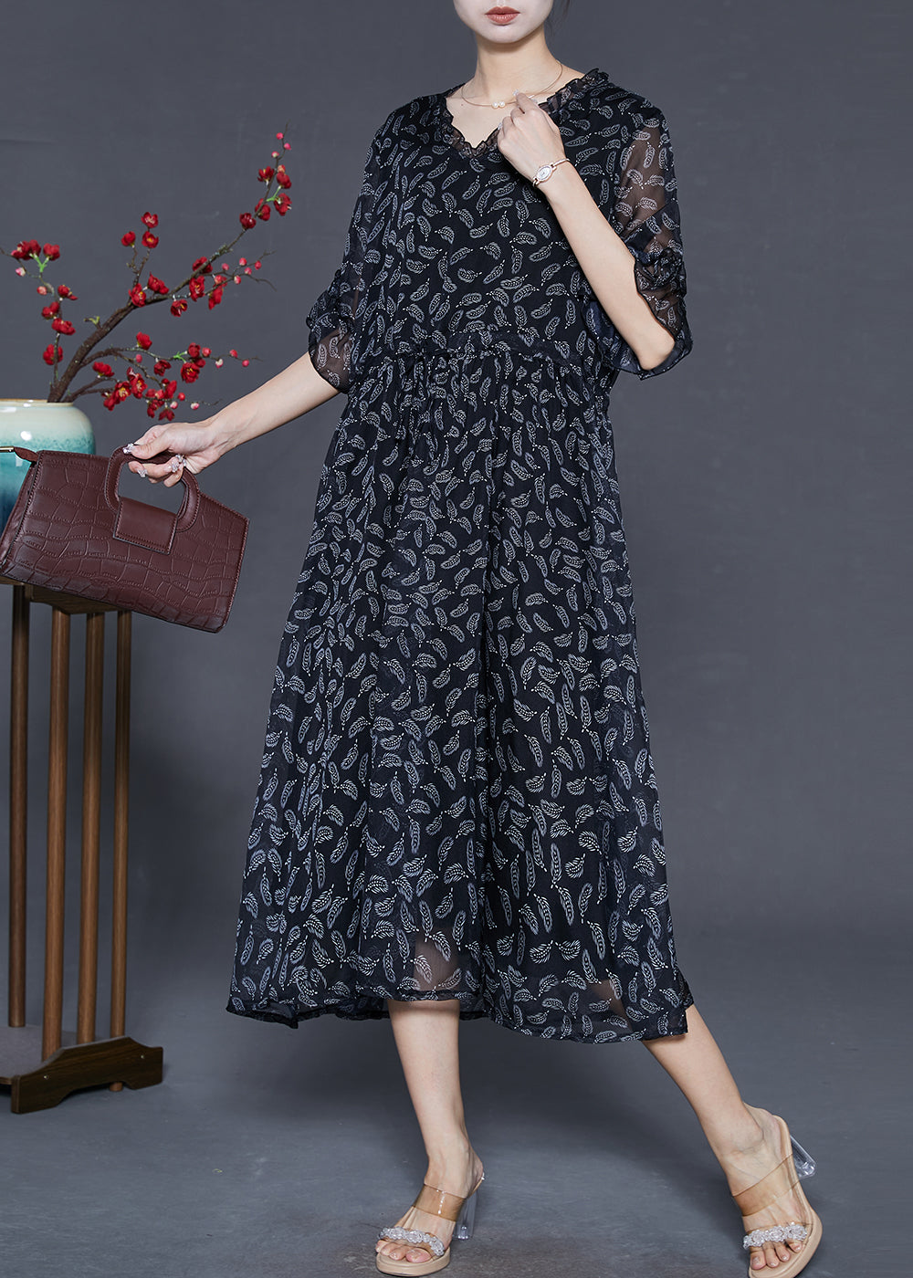 Black Cinched Print Chiffon Long Dresses Summer