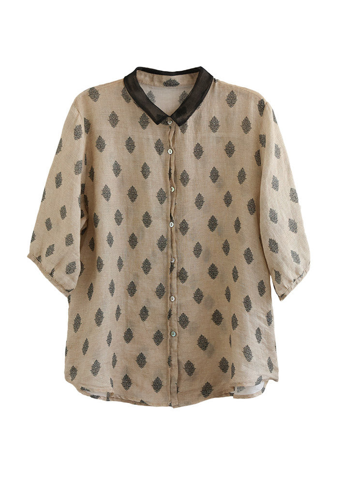 Colour 1 Peter Pan Collar Print Button Linen Shirt Half Sleeve