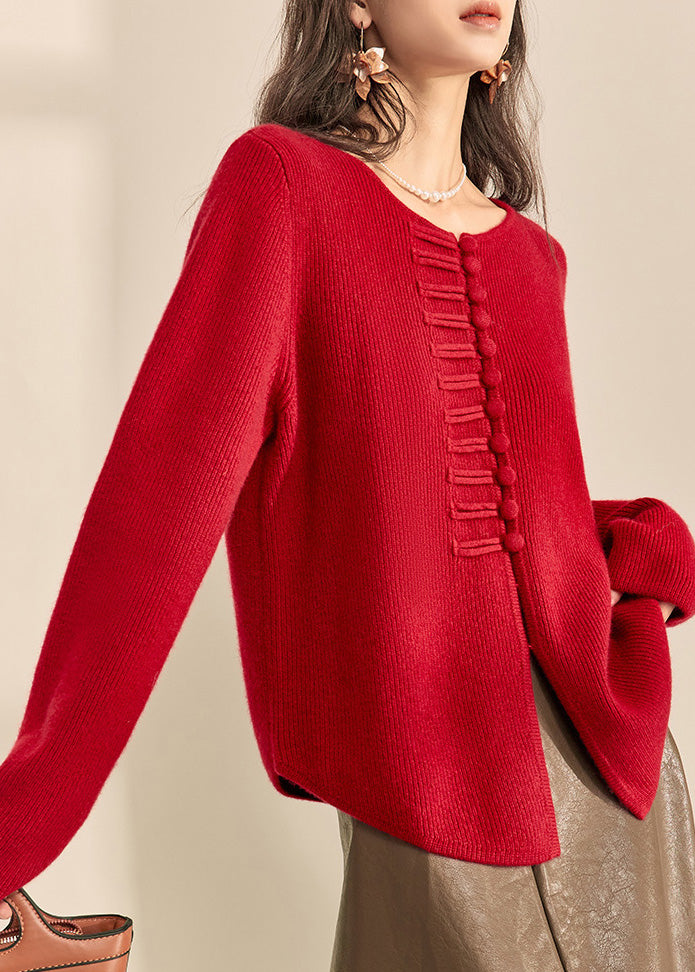 Chinese Style Red O-neck Button Cozy Cotton Knit Cardigans Fall