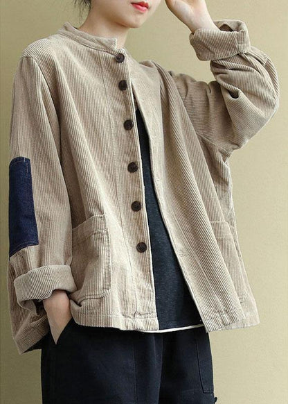 Khaki Button Patchwork Pockets Fall Long Sleeve Top