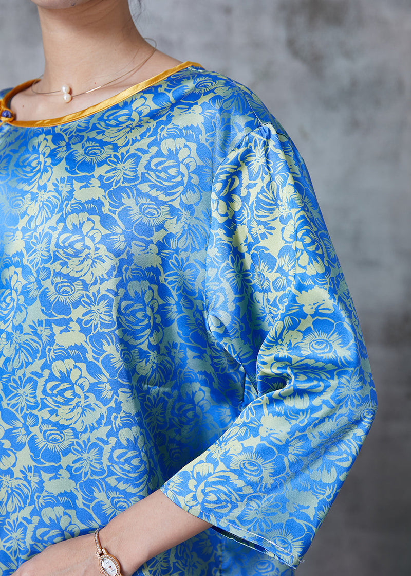 Blue Tasseled Print Silk Blouses Bracelet Sleeve