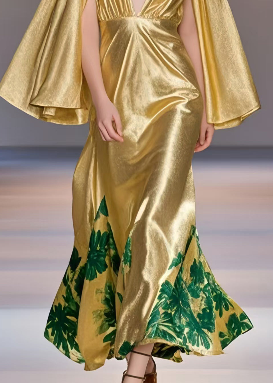 Yellow Deep-v Neck Print Silk Party Dress Cloak Sleeves