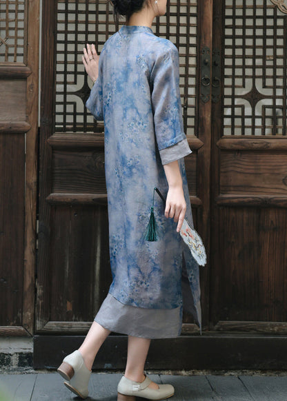 Loose Green Stand Collar Print Linen Long Dress Spring