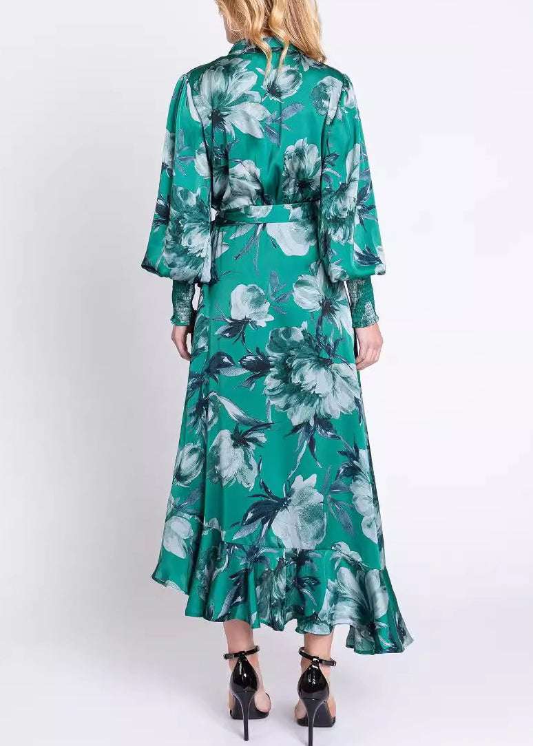 Green V Neck Print Lace Up Cotton Long Dresses Long Sleeve