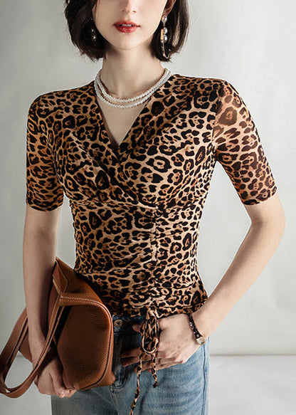 Leopard V Neck Cinched Tulle Tops Summer