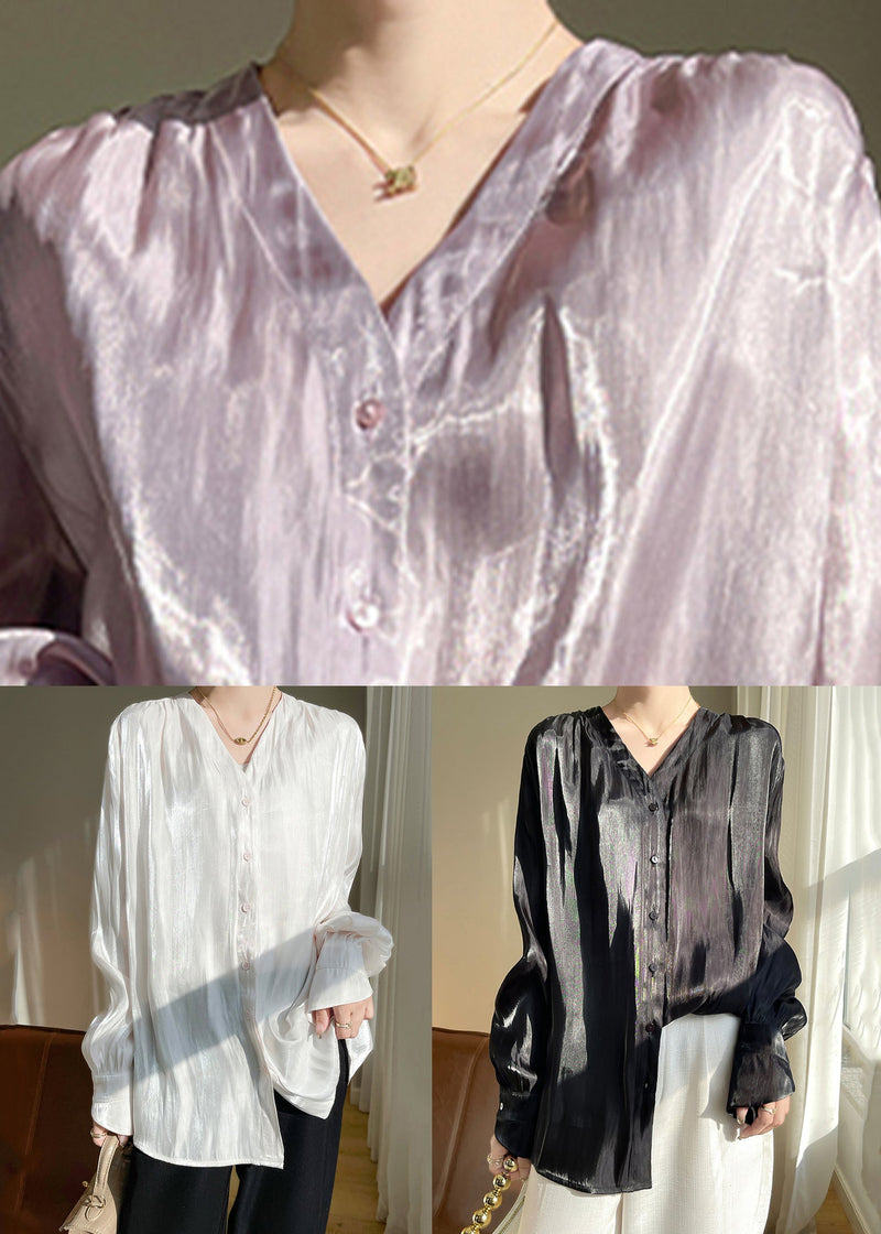 Simple White Button Silk Shirts Fall