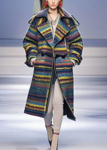 Multicolor Oversized Striped Woolen Trench Fall