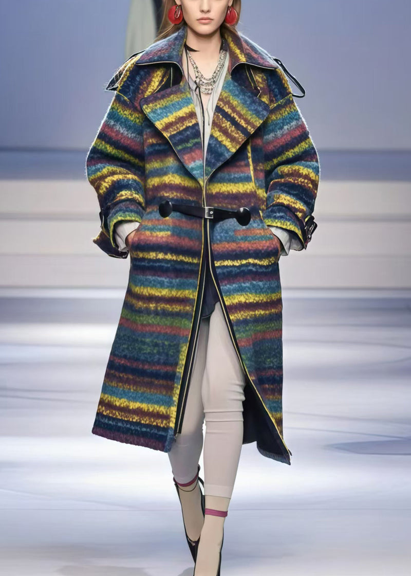 Multicolor Oversized Striped Woolen Trench Fall