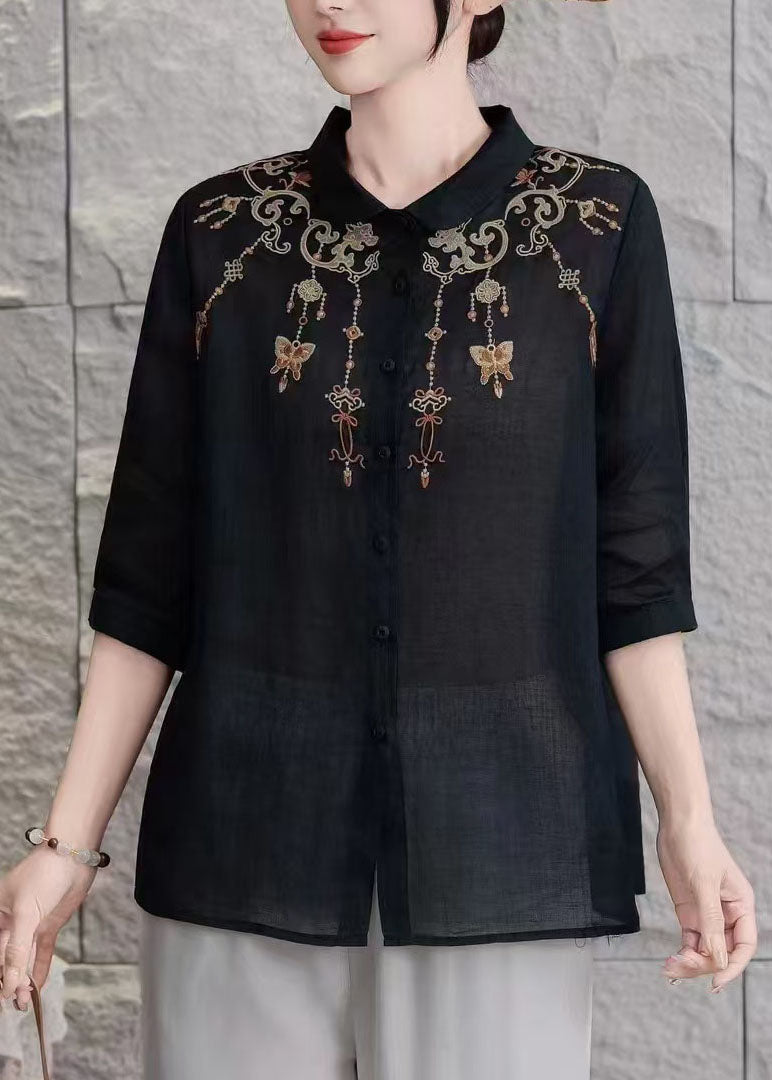 Yellow Peter Pan Collar Embroidered Linen Blouse Top Summer
