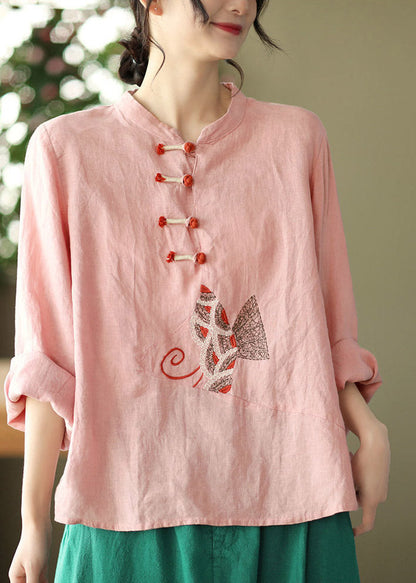 Pink O-neck Embroidered Linen Top Long Sleeve