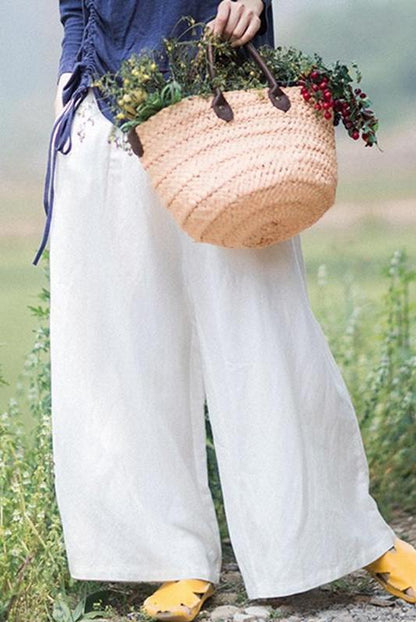 White Linen Elastic Waist Wide Leg Pants