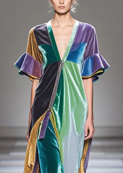Colorblock V Neck Patchwork Silk Velvet Holiday Dress Flare Sleeve