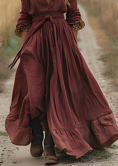 Brick Red Wrinkled Patchwork Cotton Robe Dresses Spring