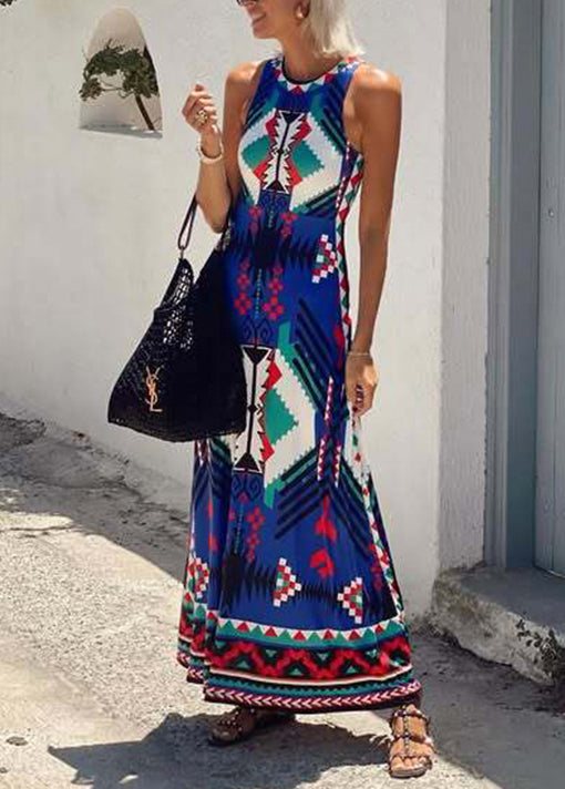 Organic Blue O Neck Print Cotton Long Dresses Sleeveless