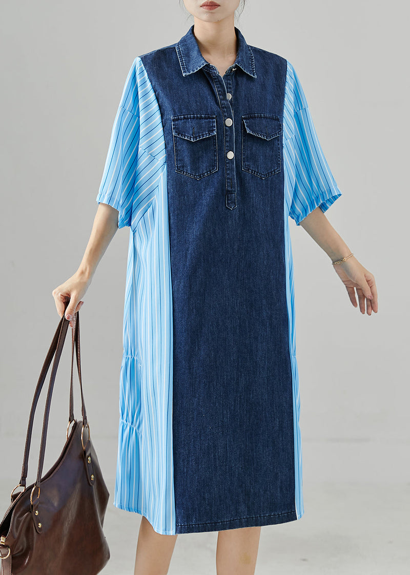 Blue Oversized Patchwork Striped Denim Dresses Summer