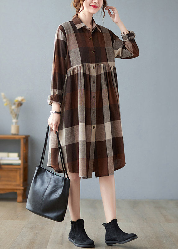 Peter Pan Collar Button Wrinkled Long Plaid Shirts Dress Long Sleeve