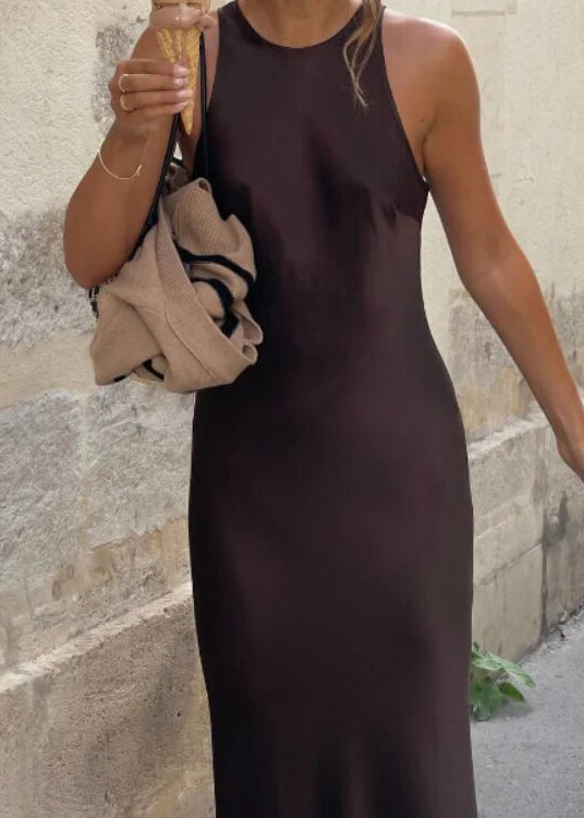Simple Coffee O Neck Silk Long Dress Sleeveless