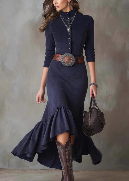 French Navy Wrinkled Button Faux Suede Long Dress Spring