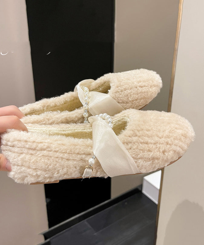 French Apricot Fuzzy Fur Splicing Flat Shoes for