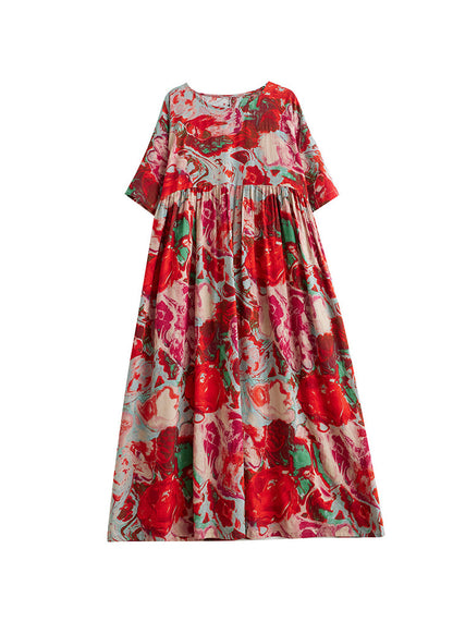 Red O Neck Print Wrinkled Cotton Vacation Dresses Summer