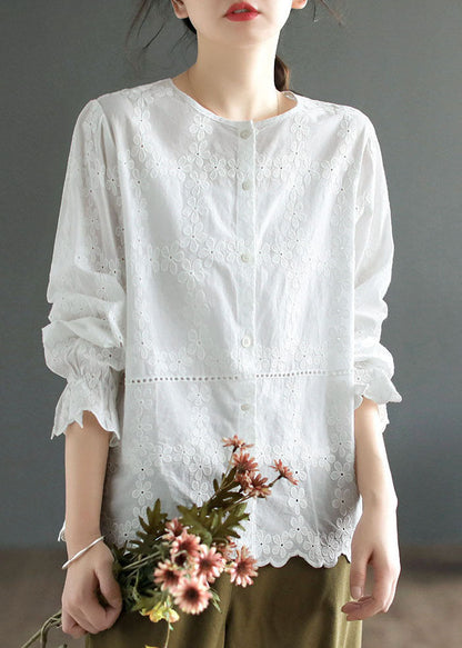 Diy White O Neck Patchwork Embroidered Cotton Blouses Spring