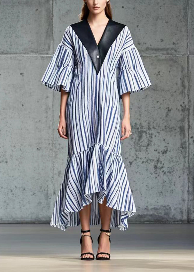 French Blue Striped Patchwork Pu Cotton Long Dress Summer