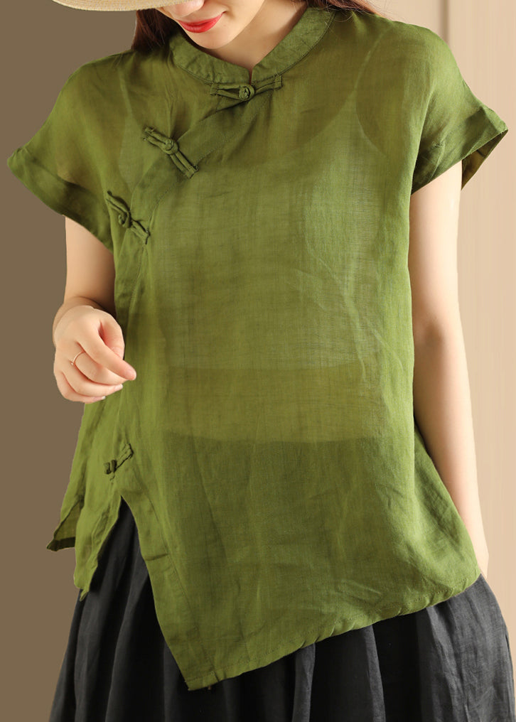 Handmade Green Stand Collar Button Linen Top Summer