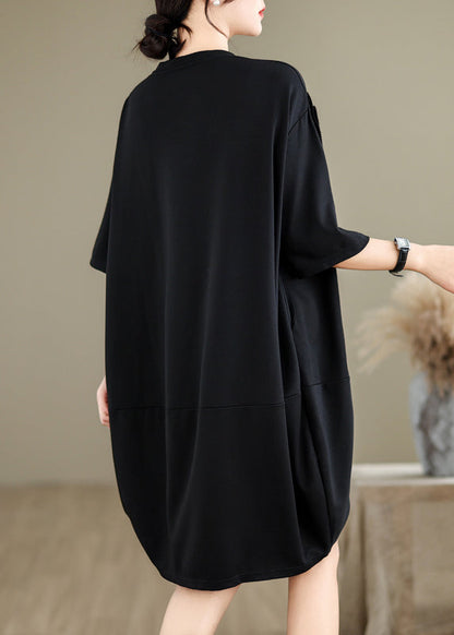 French Black O-neck Wrinkled Long Dresses Summer