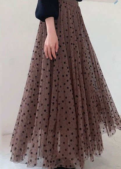 Coffee Wrinkled Print Patchwork Tulle Skirts Spring