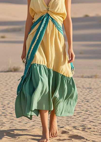 Yellow Asymmetrical Patchwork Cotton Long Dresses Sleeveless