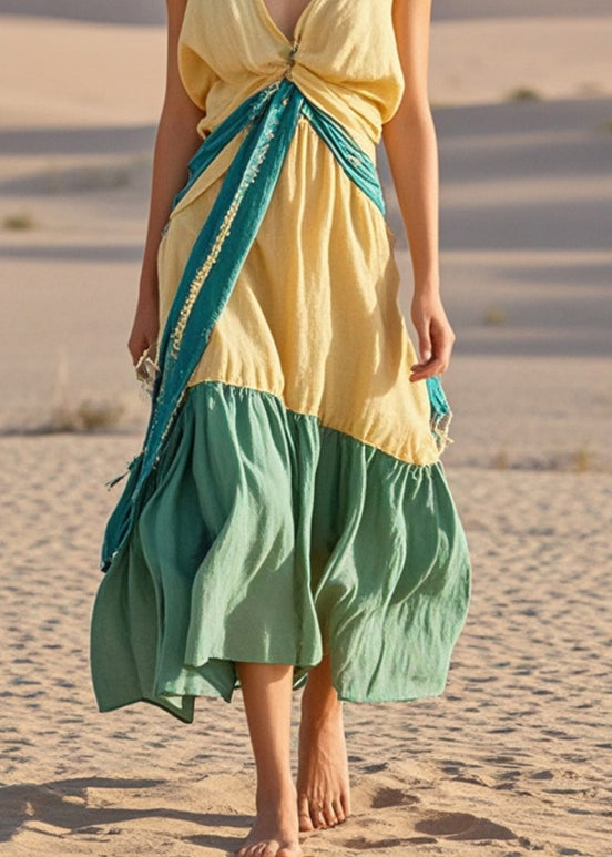 Yellow Asymmetrical Patchwork Cotton Long Dresses Sleeveless