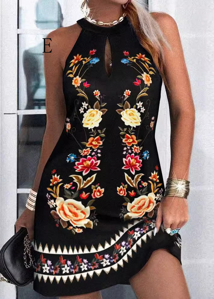 European and American Summer Sleeveless Hanging Neck Print Dress