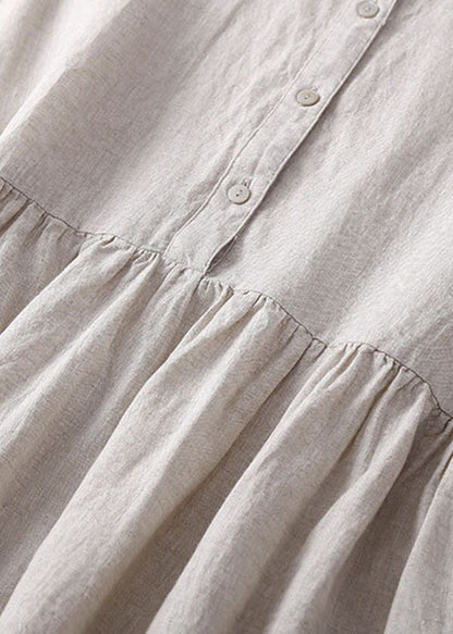 Linen Colour Linen Dresses Wrinkled Button Short Sleeve