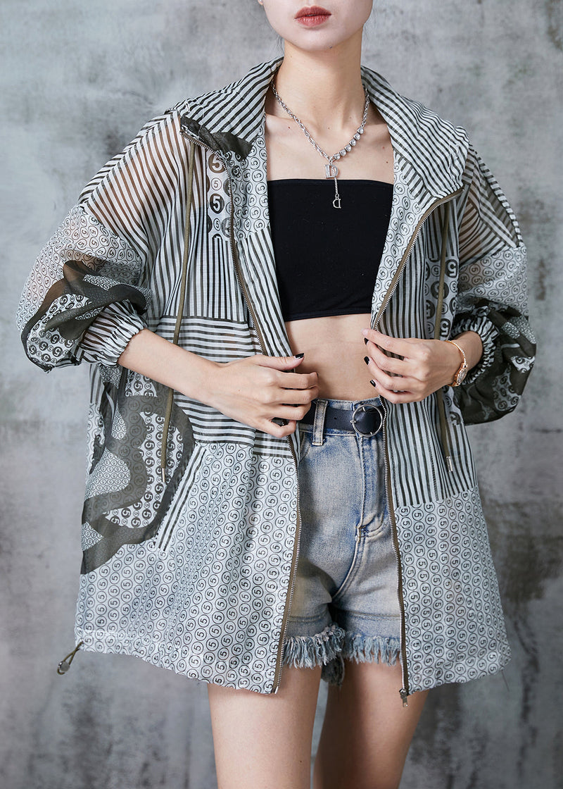 Grey Hooded Print Spandex Upf 50+ Coat Jacket Summer