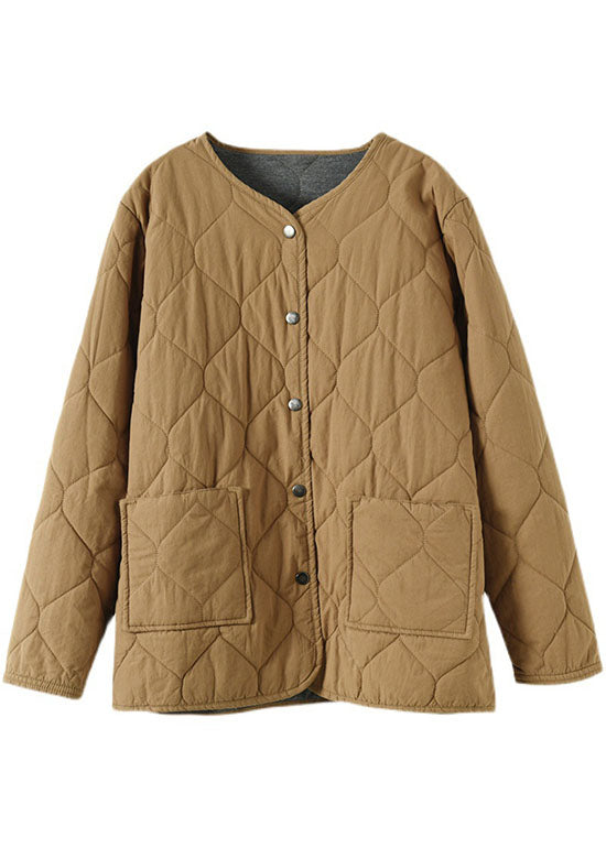 Hot Khaki O-neck Pockets Button Winter Coats Parkas