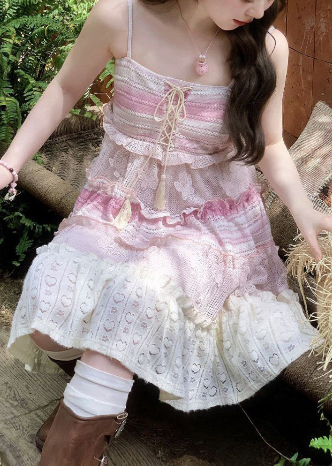 Pink Lace Up Ruffled Knit Mid Dress Sleeveless