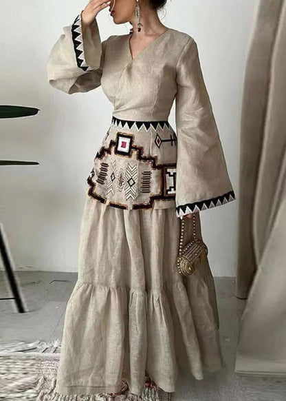 V Neck Print Patchwork Cotton Dress Flare Sleeve