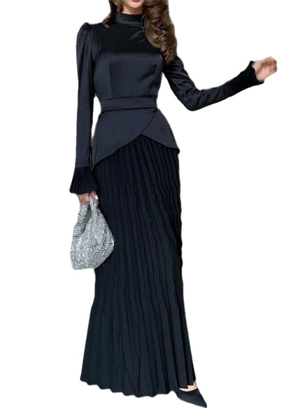 Black Wrinkled Patchwork Silk Long Dress Fall