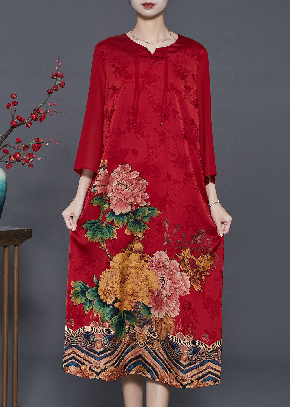 Red Tasseled Print Silk Oriental Dresses Summer