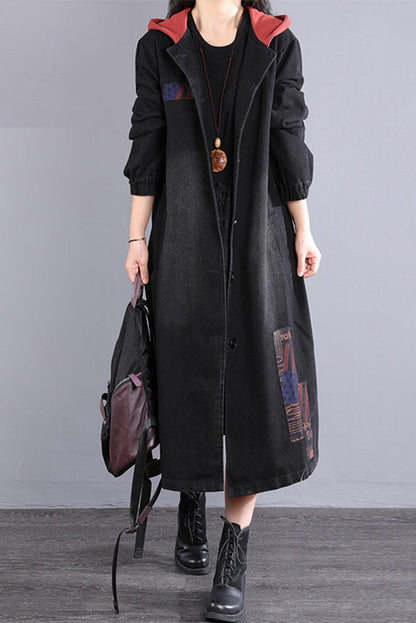 Hooded Patchwork Hooded Denim Jacket Long