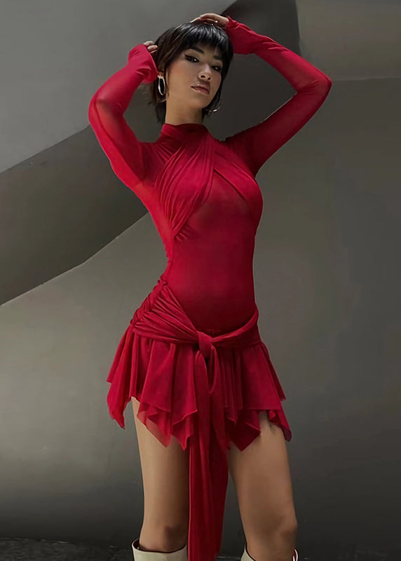 Boutique Red Asymmetrical Patchwork Tulle Dresses Long Sleeve