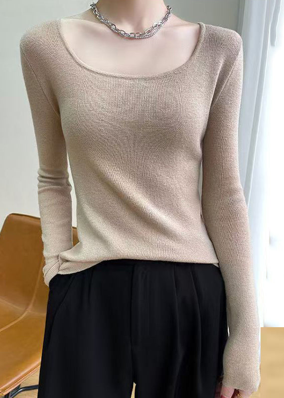 Slim Fit Light Camel O Neck Wool Knit Top Fall