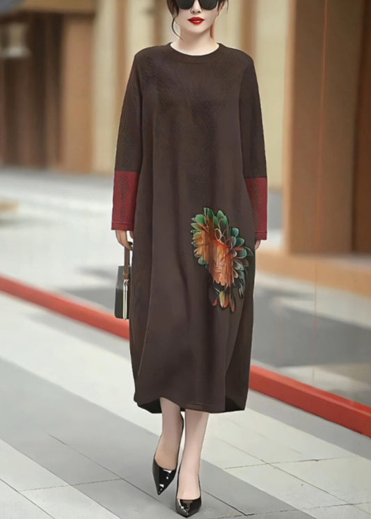 New Coffee O Neck Patchwork Knit Long Dress Winter