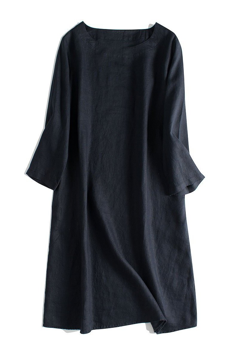 Simple Linen Pure Color 3/4 Sleeve Dress Outfits